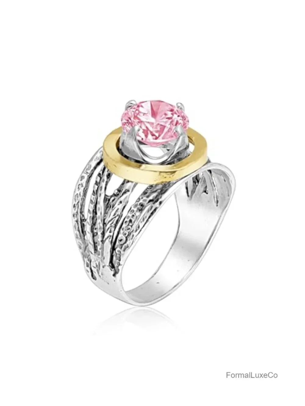 925 Sterling Silver Two Tone Wire Wrap Ring with Pink CZ